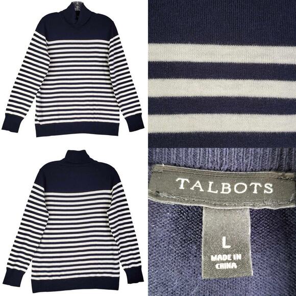 Talbots Turtleneck Sweater Women’s Size Large L Navy Blue White Cotton Striped - Picture 1 of 7
